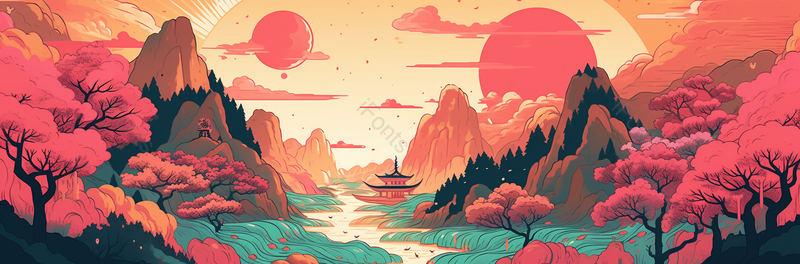 阳光照耀下的山川河流手绘美景图,插画/手绘图,插画/手绘图库,插画/手绘图下载,插画/手绘